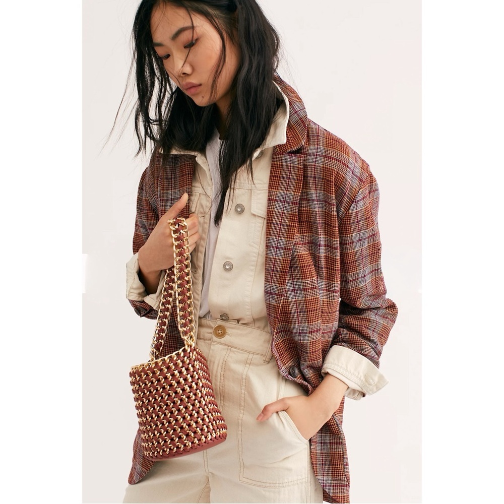 Free People Womens Oversized Plaid Linen Blend Blazer Rust Burgundy Gray M L